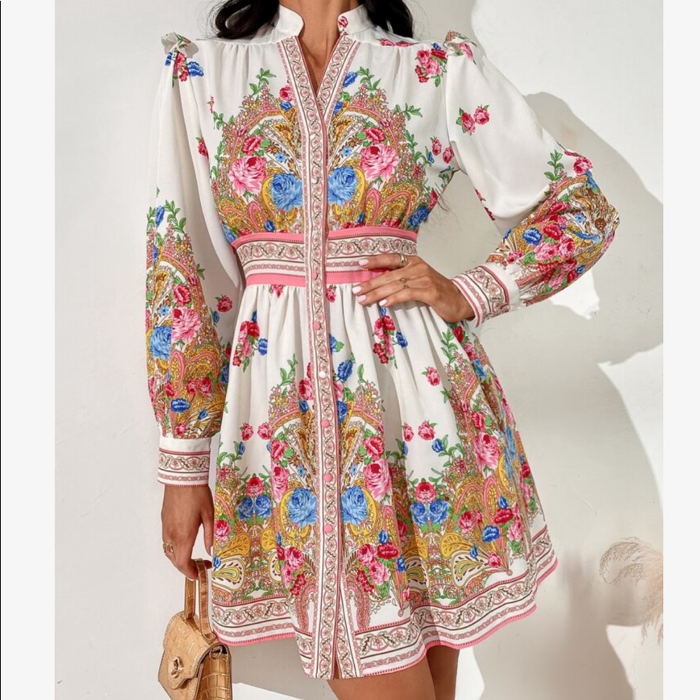 Boho Floral Print High Neck Collar Puff Sleeve Shirt Dress - Picture 6 of 6
